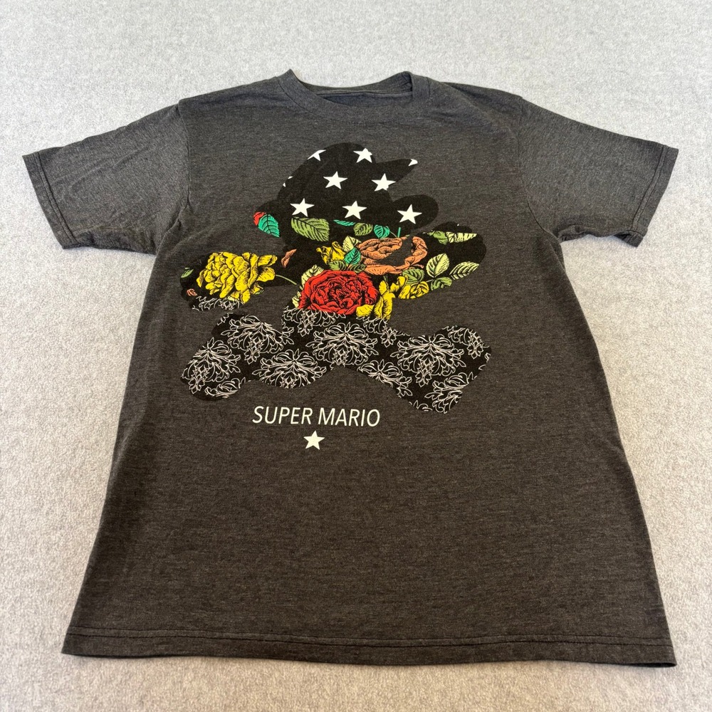 Super Mario Nintendo Small Charcoal Gray Floral Star Silhouette Graphic T-Shirt